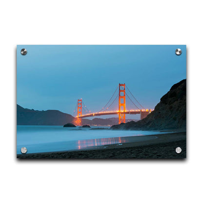 Photo at Baker Beach, San Francisco, looking out over the water at the Golden Gate Bridge. Printed on acrylic.