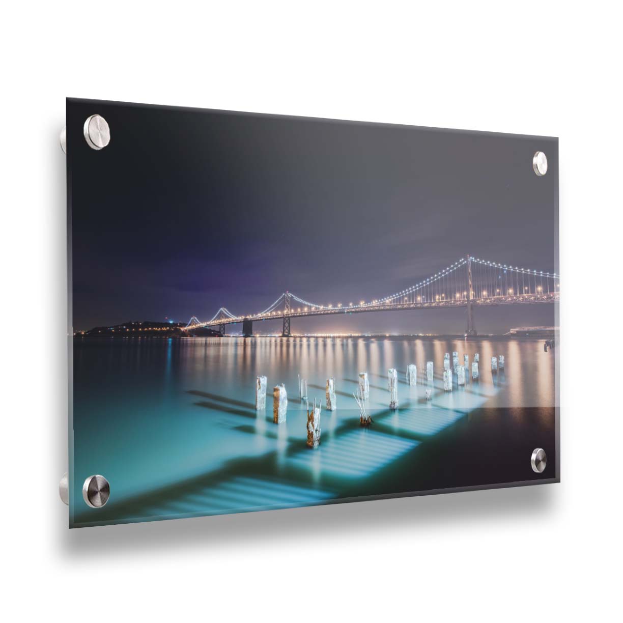 Photo of the Oakland Bay Bridge in San Francisco at night, taken from the Embarcadaro. Printed on acrylic.