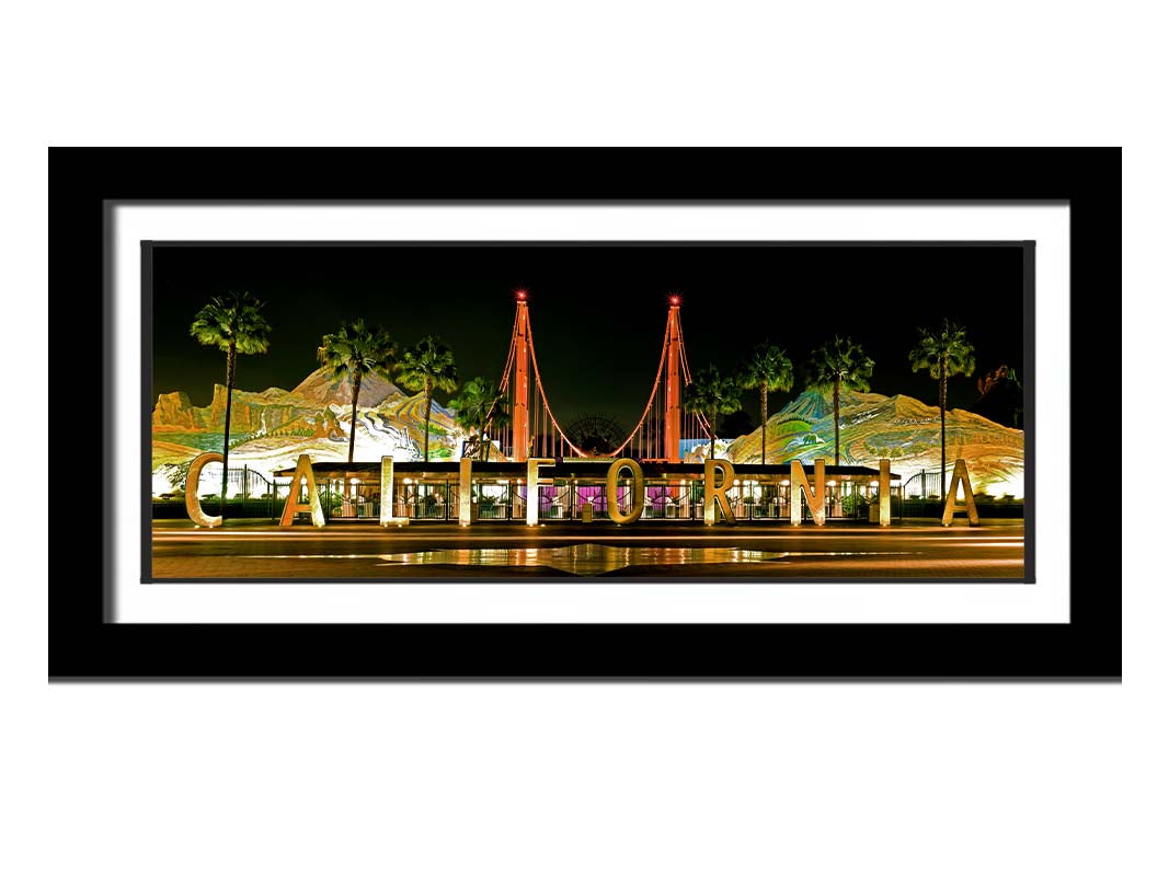 A photo of a plaza sign reading "California" at Disney California Adventure park. Printed on paper, matted, and framed.