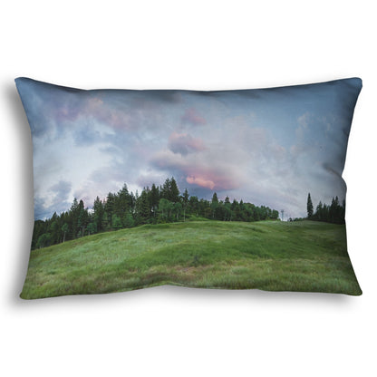 A throw pillow designed with a photo of the hills and sky at Sundance in Utah, at the Provo Canyon by Mount Timpanogos.