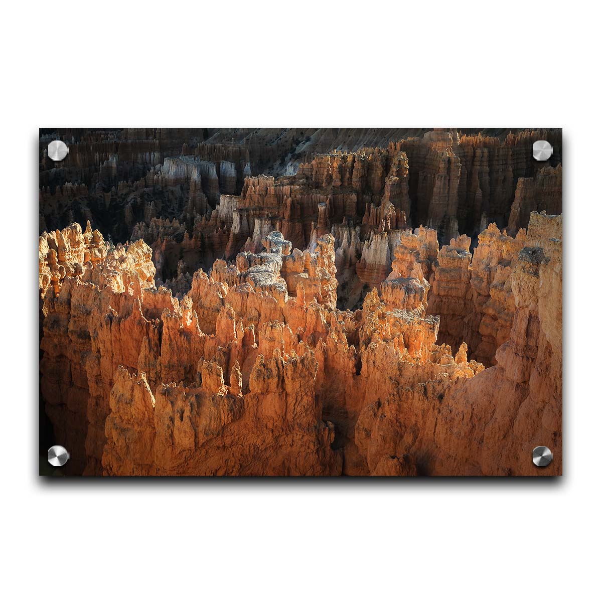 A photo of hoodoo rock formations, jagged stone spires formed by the erosion of a plateau, in Bryce Canyon National Park from a high angle. Printed on acrylic.