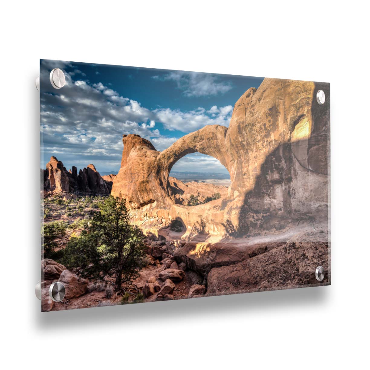 Photo of the Double O arch in the Devil's Garden at Arches National Park, Utah. The rocky arch is set against a bright blue sky. Printed on acrylic.