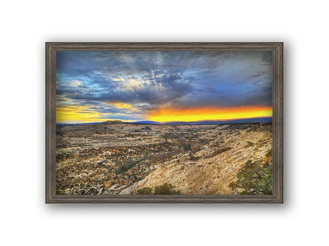 Photo of a vibrant sunset at Escalante National Monument in Utah. Printed on canvas and framed.