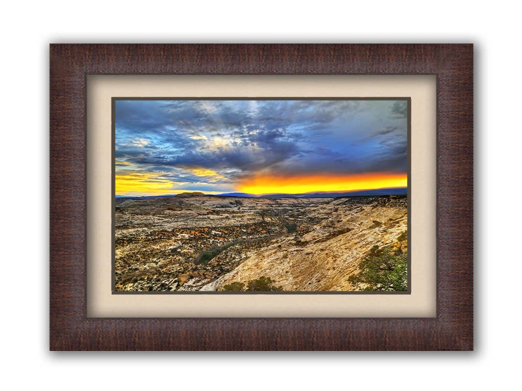 Photo of a vibrant sunset at Escalante National Monument in Utah. Printed on paper, matted, and framed.