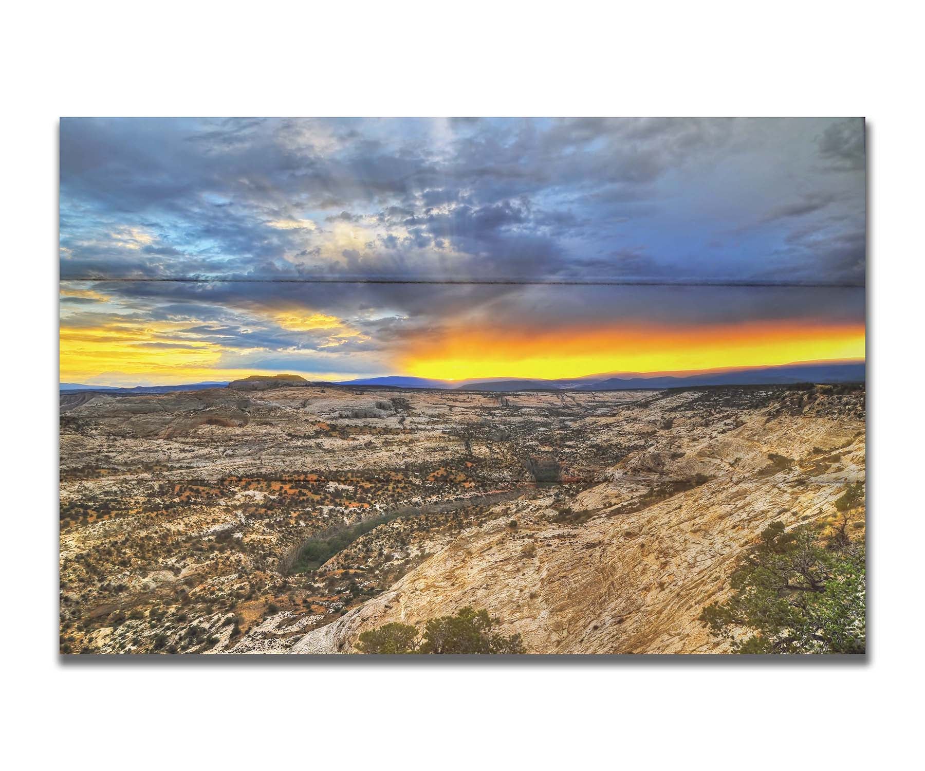 Photo of a vibrant sunset at Escalante National Monument in Utah. Printed on a box board.