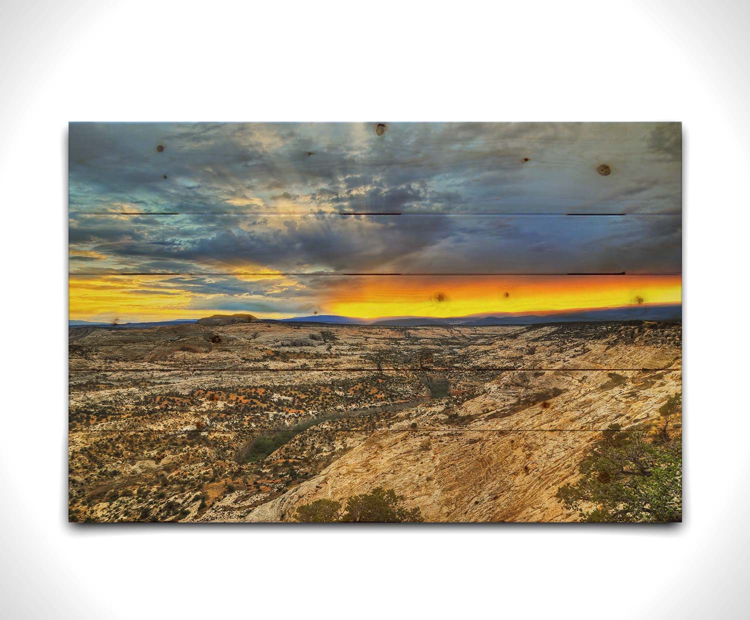 Photo of a vibrant sunset at Escalante National Monument in Utah. Printed on a wood pallet.