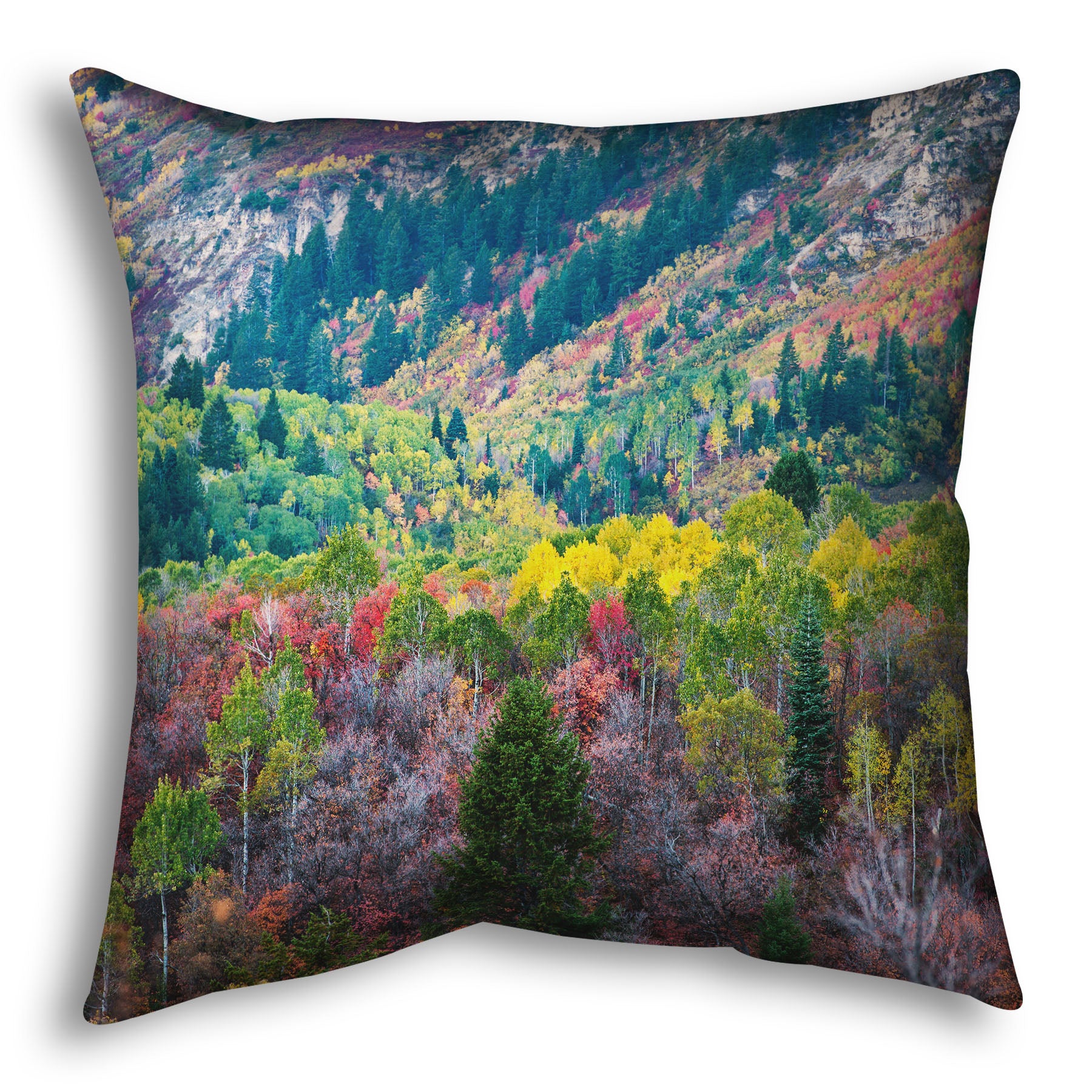 A throw pillow designed with a photo looking down on a forest at the Sundance Mountain Resort in Utah. The trees are changing colors, ranging from green, yellow, and red to no leaves at all.