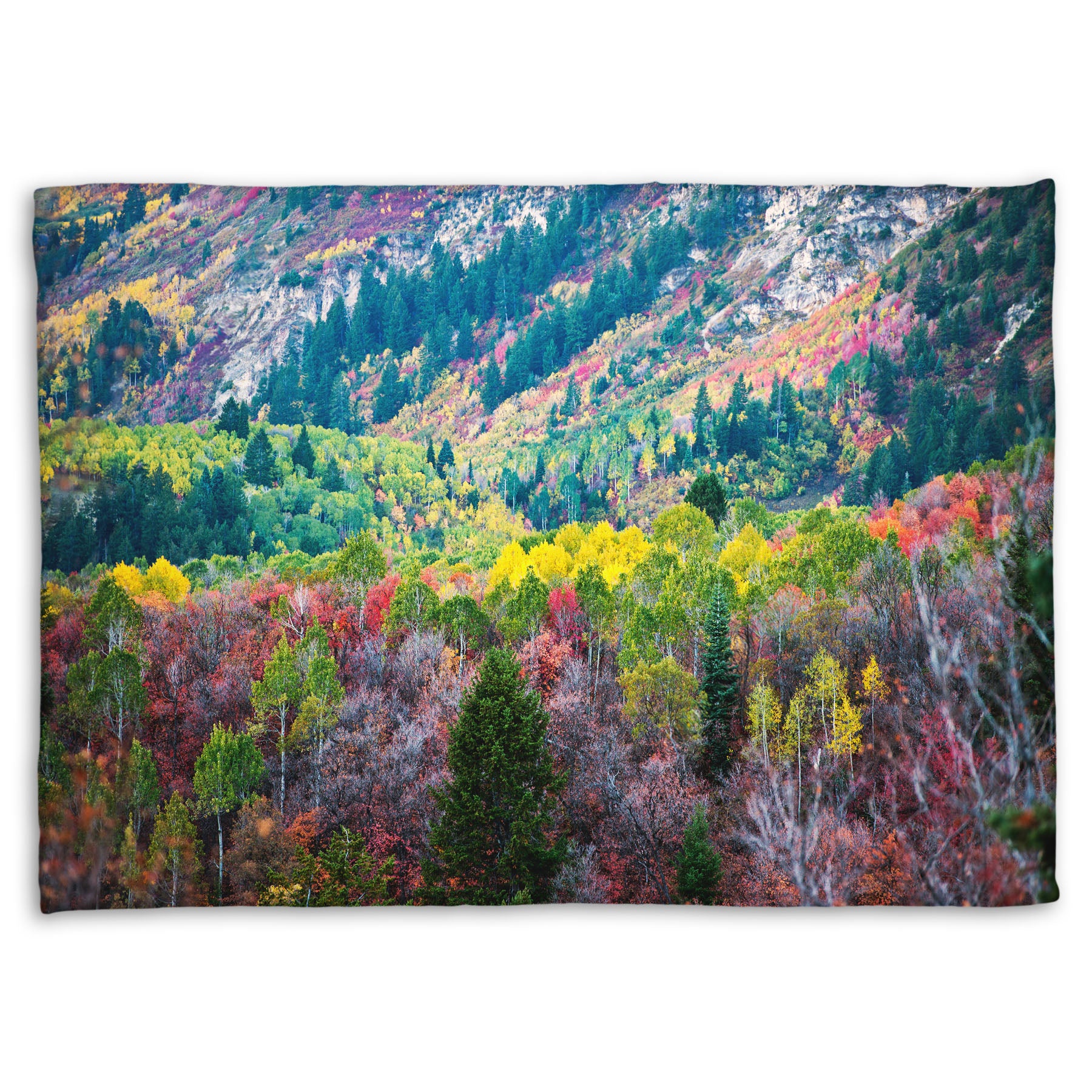 A coral fleece blanket designed with a photo looking down on a forest at the Sundance Mountain Resort in Utah. The trees are changing colors, ranging from green, yellow, and red to no leaves at all.