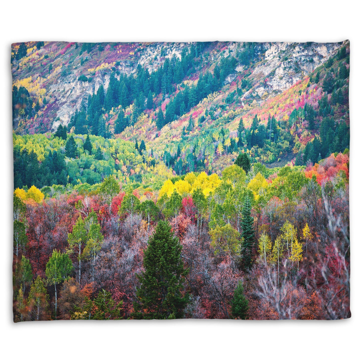 A coral fleece blanket designed with a photo looking down on a forest at the Sundance Mountain Resort in Utah. The trees are changing colors, ranging from green, yellow, and red to no leaves at all.