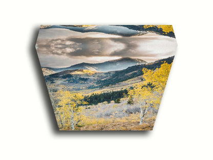 Photo of a mountainous forest, with dark evergreens and yellow birches. Printed on canvas.