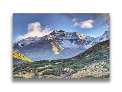 Photo of Mount Timpanogos in Utah, lightly dusted with snow against a blue sky. Printed on canvas.