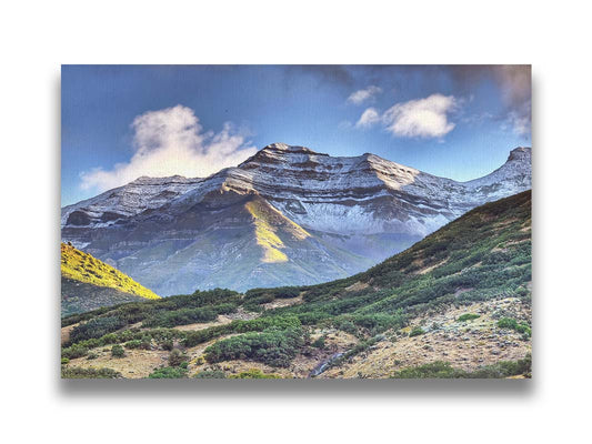 Photo of Mount Timpanogos in Utah, lightly dusted with snow against a blue sky. Printed on canvas.