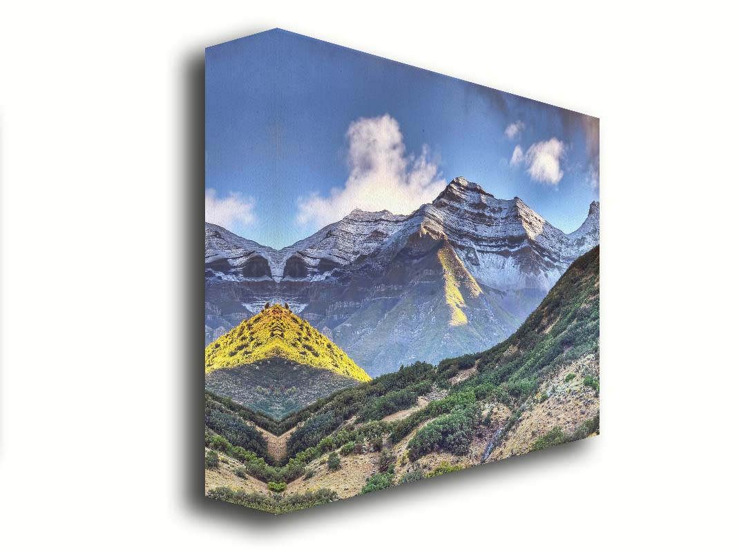 Photo of Mount Timpanogos in Utah, lightly dusted with snow against a blue sky. Printed on canvas.