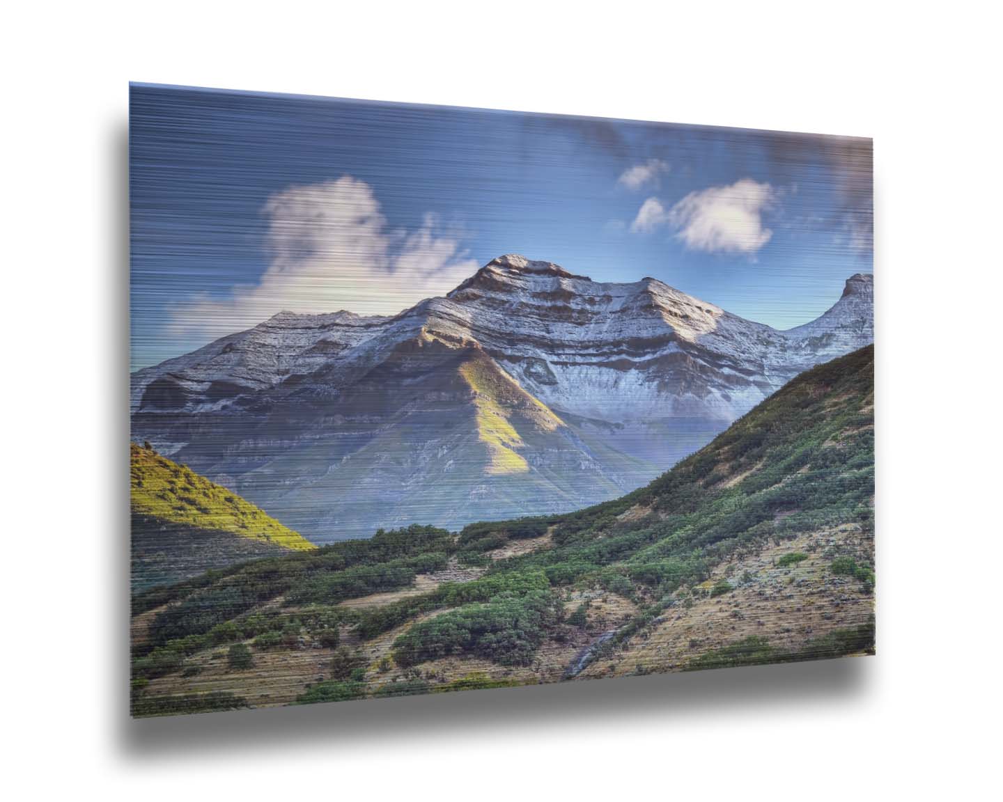 Photo of Mount Timpanogos in Utah, lightly dusted with snow against a blue sky. Printed on metal.