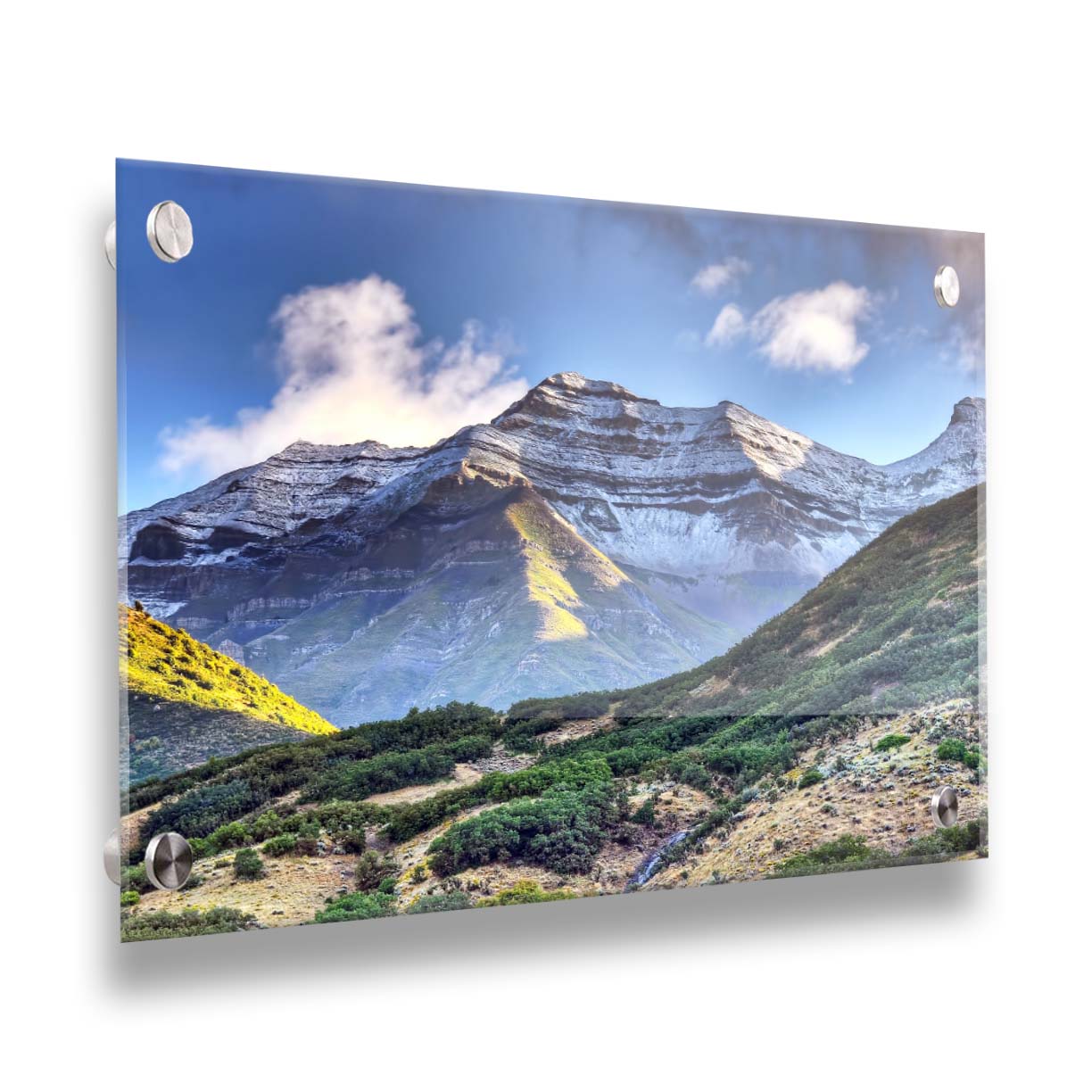 Photo of Mount Timpanogos in Utah, lightly dusted with snow against a blue sky. Printed on acrylic.