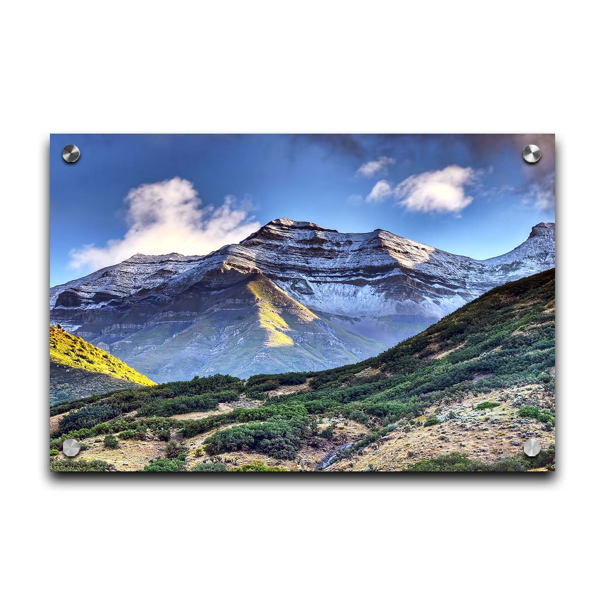 Photo of Mount Timpanogos in Utah, lightly dusted with snow against a blue sky. Printed on acrylic.