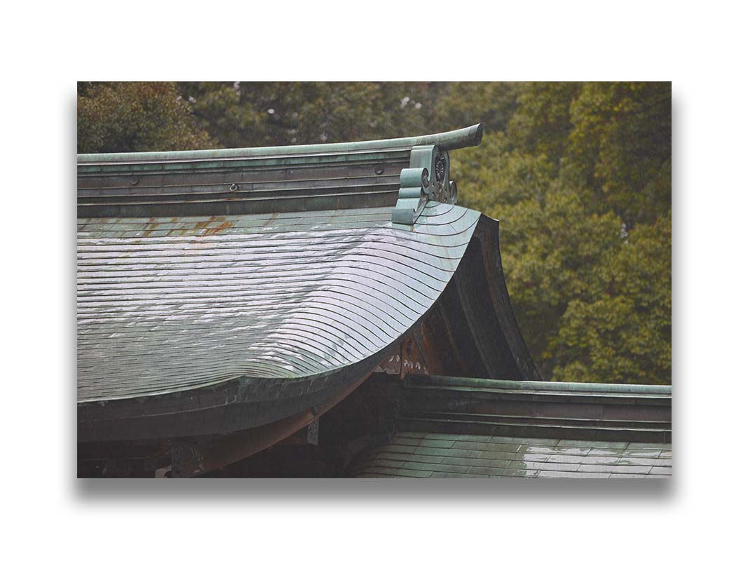 Close-up photo showing the details of the Meiji Jingu Shrine roof in Shibuya, Tokyo, reflective with the shine of rain water. Printed on canvas.