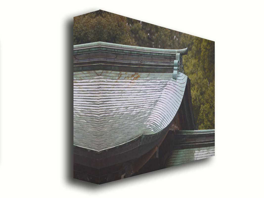 Close-up photo showing the details of the Meiji Jingu Shrine roof in Shibuya, Tokyo, reflective with the shine of rain water. Printed on canvas.