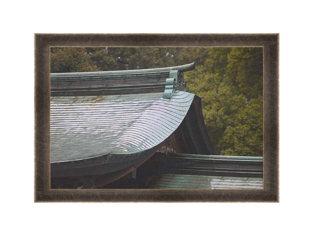 Close-up photo showing the details of the Meiji Jingu Shrine roof in Shibuya, Tokyo, reflective with the shine of rain water. Printed on canvas and framed.