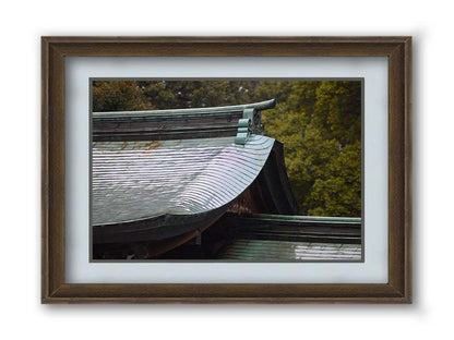 Close-up photo showing the details of the Meiji Jingu Shrine roof in Shibuya, Tokyo, reflective with the shine of rain water. Printed on paper, matted, and framed.