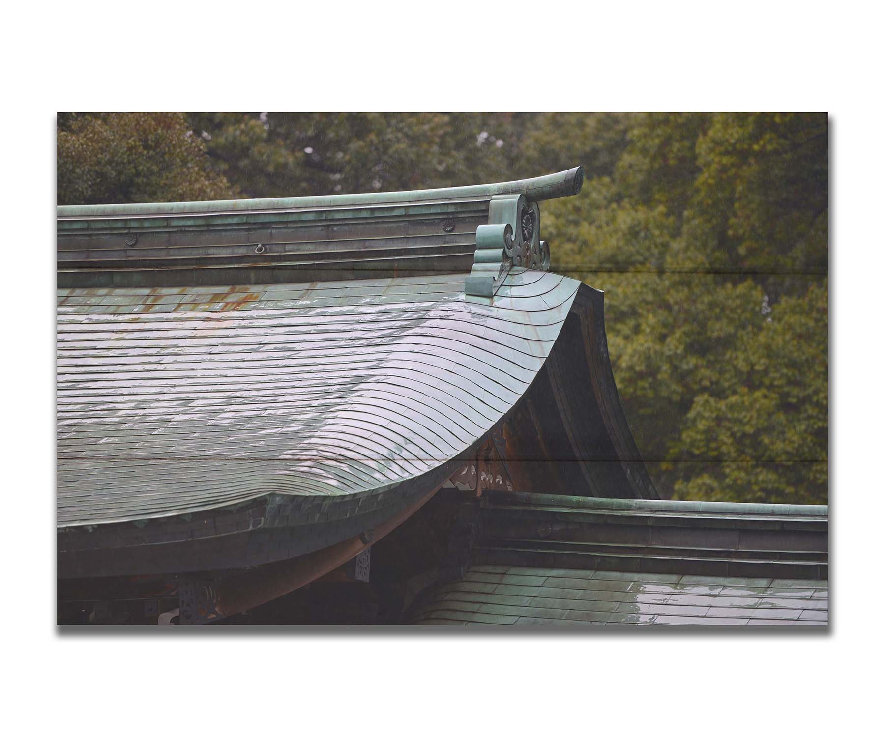 Close-up photo showing the details of the Meiji Jingu Shrine roof in Shibuya, Tokyo, reflective with the shine of rain water. Printed on a box board.