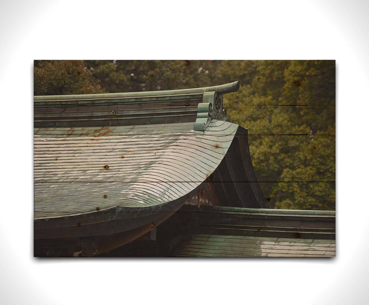 Close-up photo showing the details of the Meiji Jingu Shrine roof in Shibuya, Tokyo, reflective with the shine of rain water. Printed on a wood pallet.