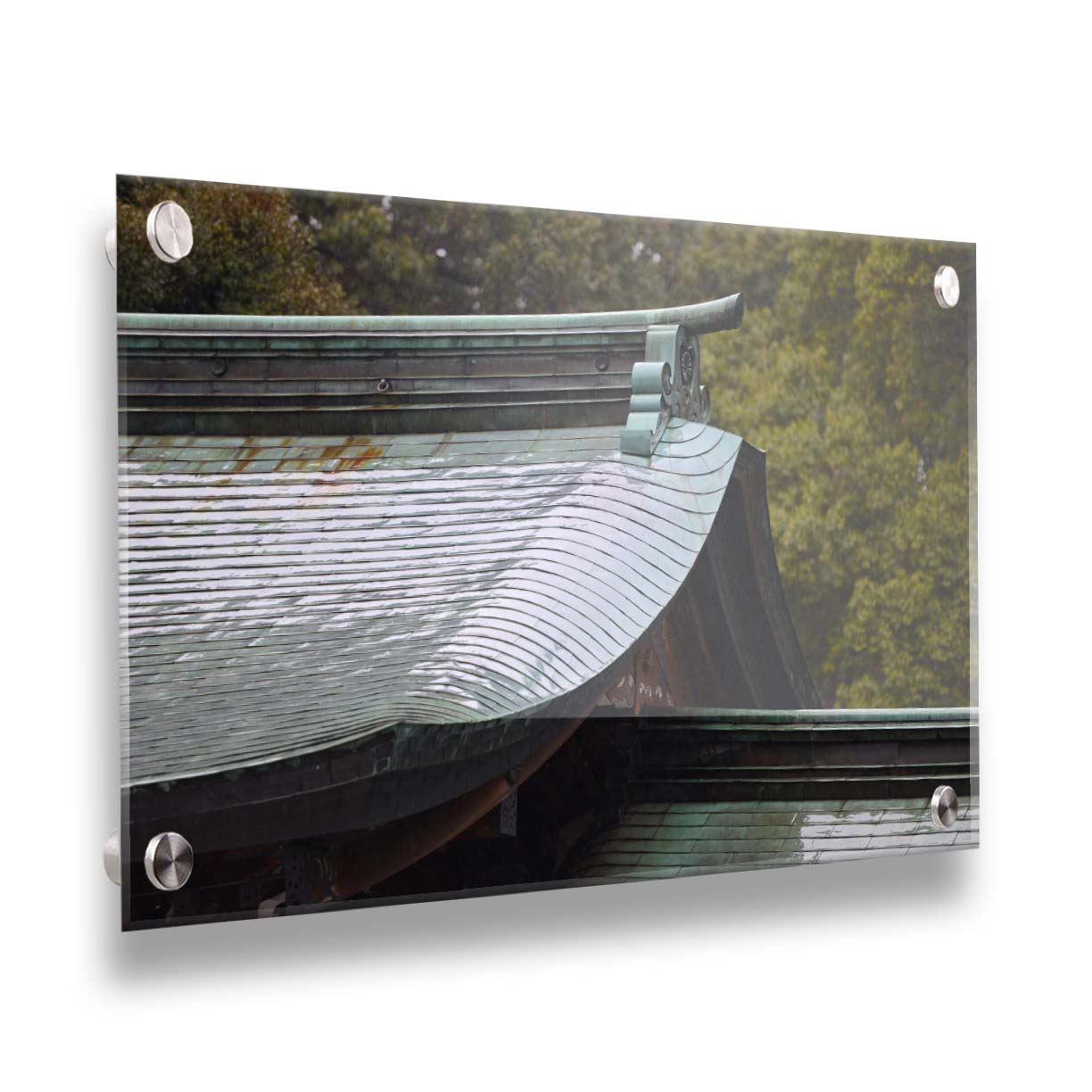 Close-up photo showing the details of the Meiji Jingu Shrine roof in Shibuya, Tokyo, reflective with the shine of rain water. Printed on acrylic.