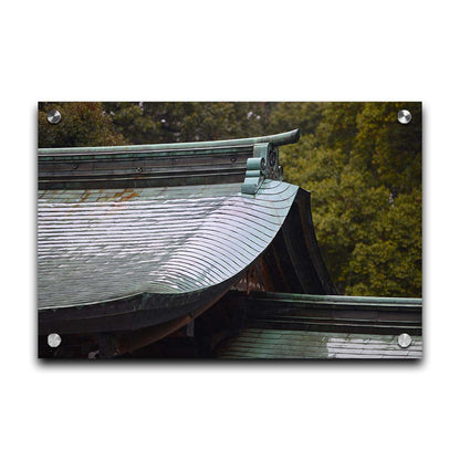 Close-up photo showing the details of the Meiji Jingu Shrine roof in Shibuya, Tokyo, reflective with the shine of rain water. Printed on acrylic.