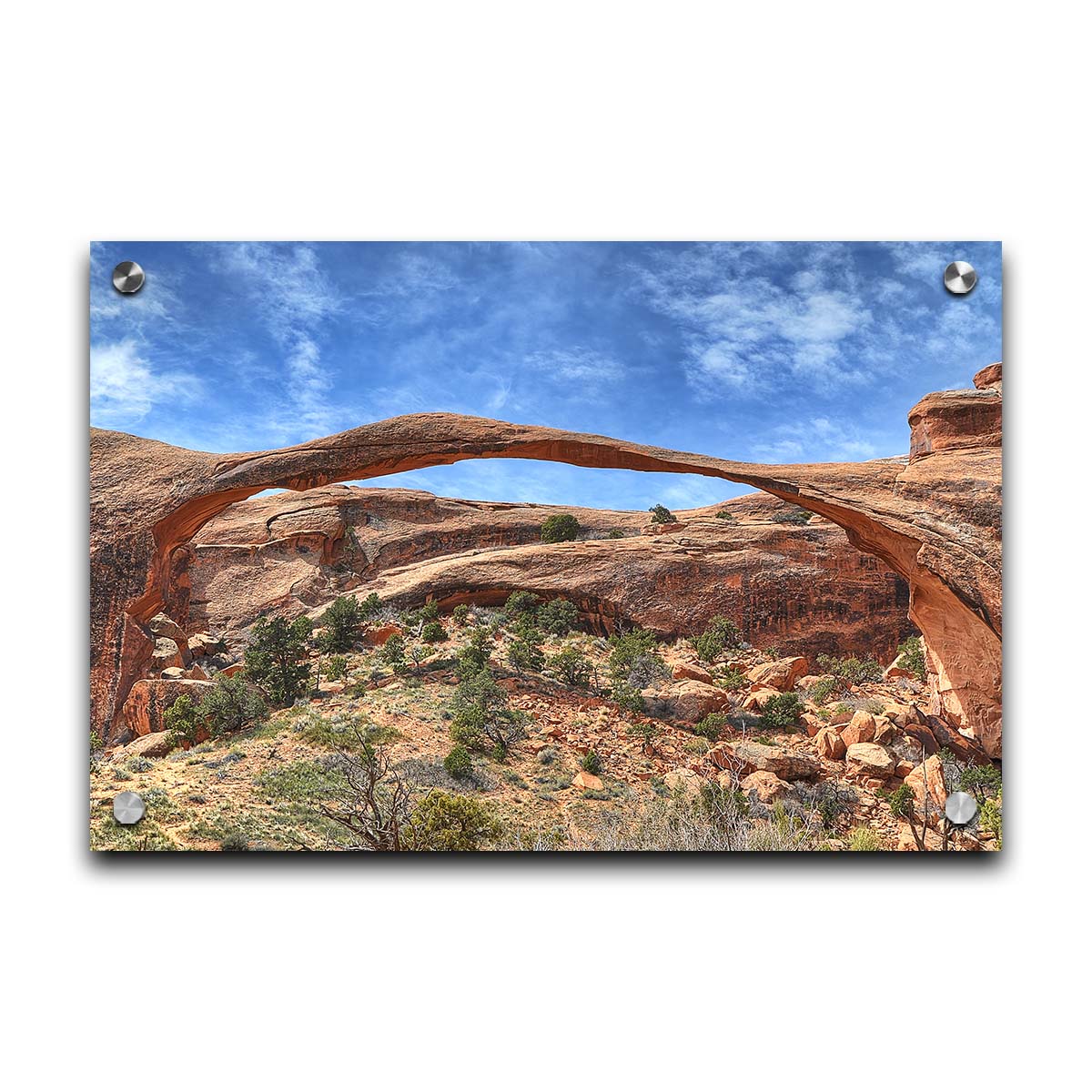 A photo of Landscape Arch at Arches National Park. A long, thin arch of orange and brown stone reaches across a bright blue sky. Printed on acrylic.