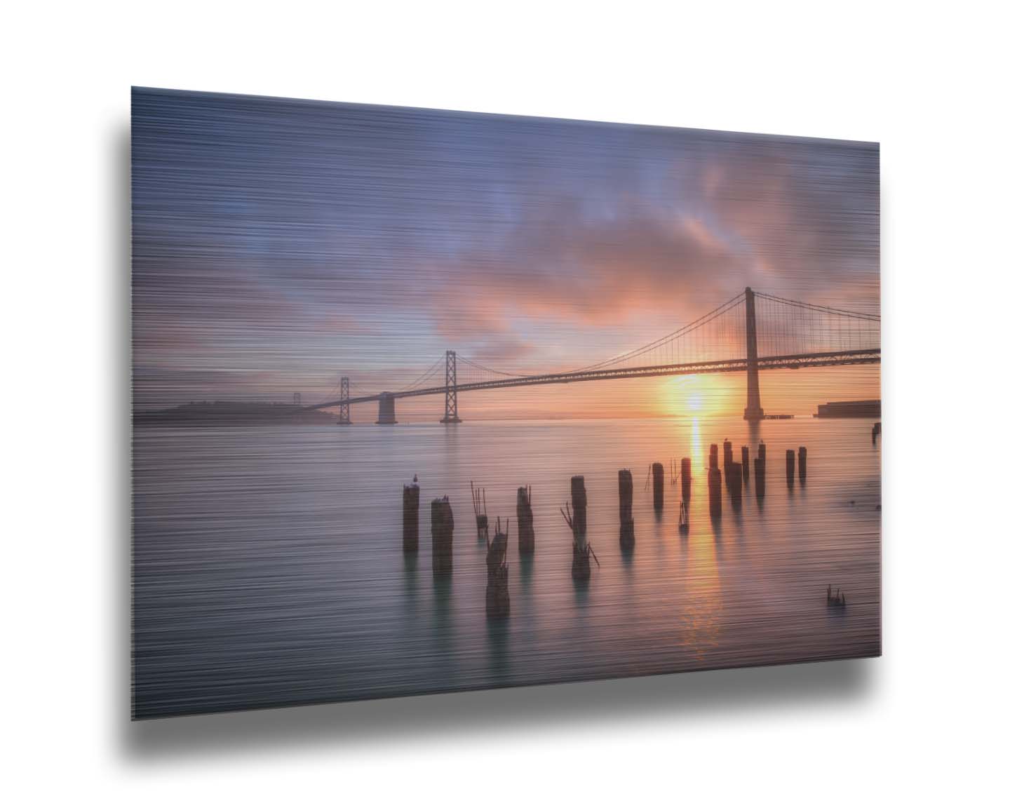 Photo of the Oakland Bay Bridge in San Francisco at sunrise, taken from the Embarcadaro. Printed on metal.