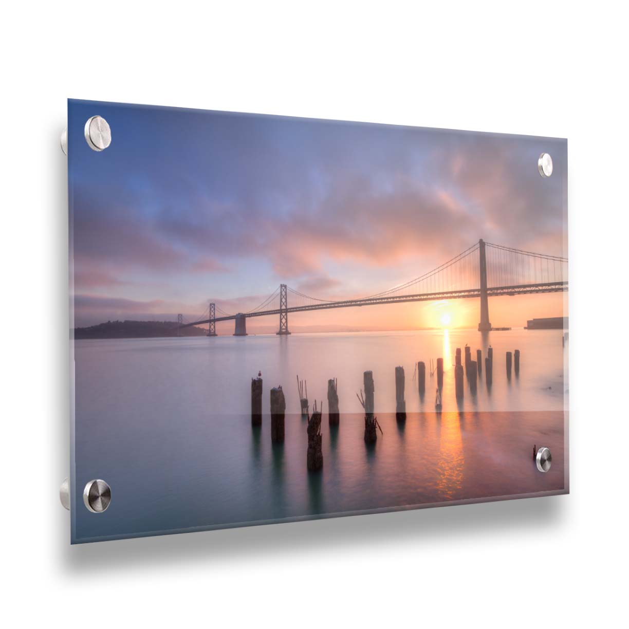 Photo of the Oakland Bay Bridge in San Francisco at sunrise, taken from the Embarcadaro. Printed on acrylic.