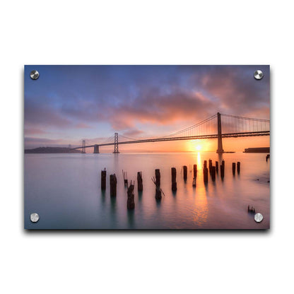 Photo of the Oakland Bay Bridge in San Francisco at sunrise, taken from the Embarcadaro. Printed on acrylic.