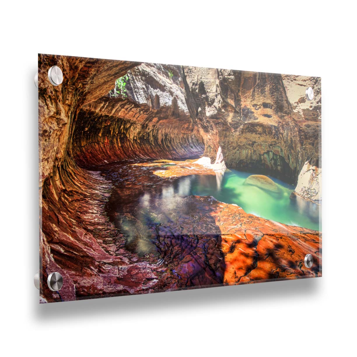 A photo from inside The Subway, or Left Fork of North Creek, at Zion National Park in Utah. It features a canyon of orange and red stone with a vibrant pool of green waters. Printed on acrylic.