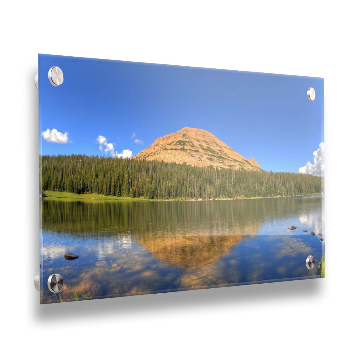 Photo of Mirror Lake in Utah. A mountain, forest, blue sky, and fluffy clouds are reflected on the lakewater. Printed on acrylic.