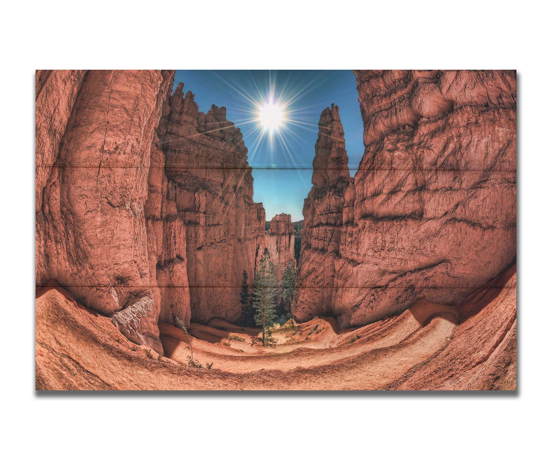 Photo of the Navajo Loop Switchbacks rock formation at Bryce Canyon National Park in Utah. It is taken wit a fish eye lens perspective which emphasizes the height and depth of the structures. A bright blue sky peeks out between parallel walls of red stone, and the bright white rays of the perfectly centered sun shine down between. Printed on a box board.