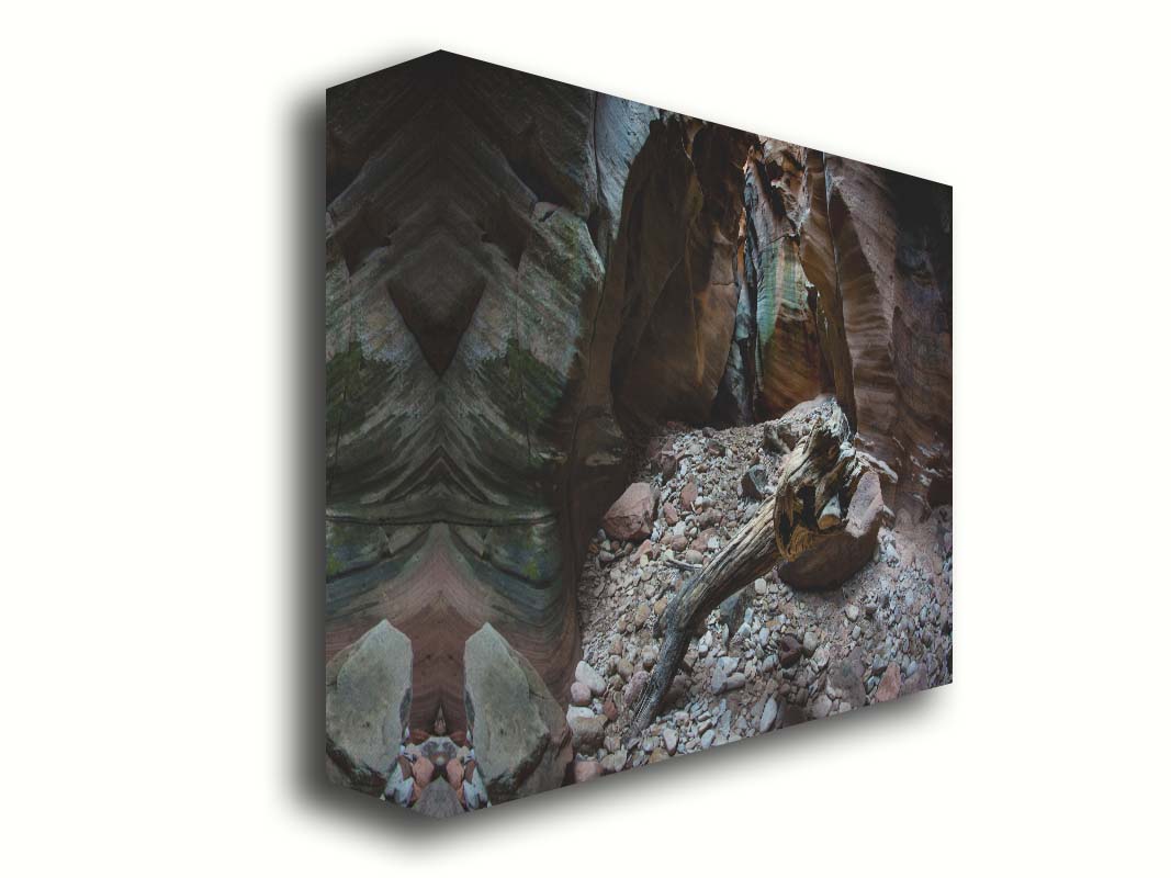 A photo from inside Pine Creek Canyon in Zion National Park, Utah. A piece of driftwood rests on a pile of eroded stones from the cliffaces. Printed on canvas.