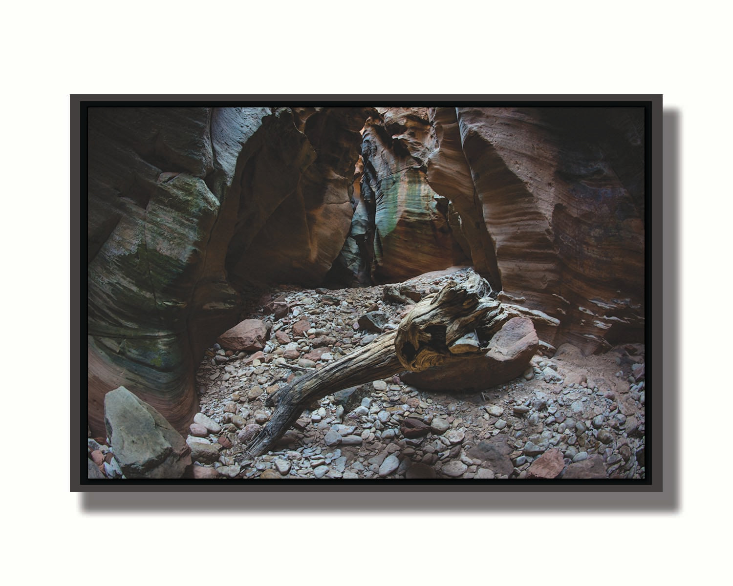 A photo from inside Pine Creek Canyon in Zion National Park, Utah. A piece of driftwood rests on a pile of eroded stones from the cliffaces. Printed on canvas in a float frame.