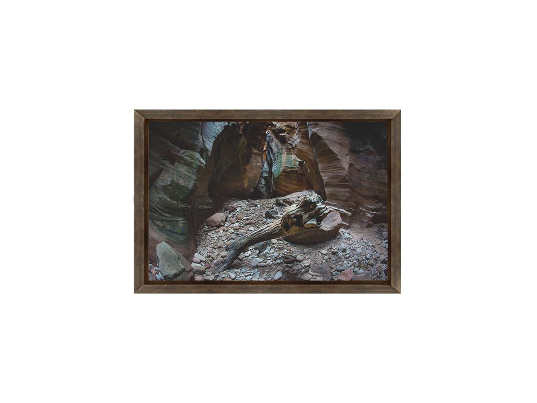 A photo from inside Pine Creek Canyon in Zion National Park, Utah. A piece of driftwood rests on a pile of eroded stones from the cliffaces. Printed on canvas and framed.