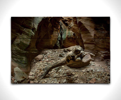 A photo from inside Pine Creek Canyon in Zion National Park, Utah. A piece of driftwood rests on a pile of eroded stones from the cliffaces. Printed on a wood pallet.