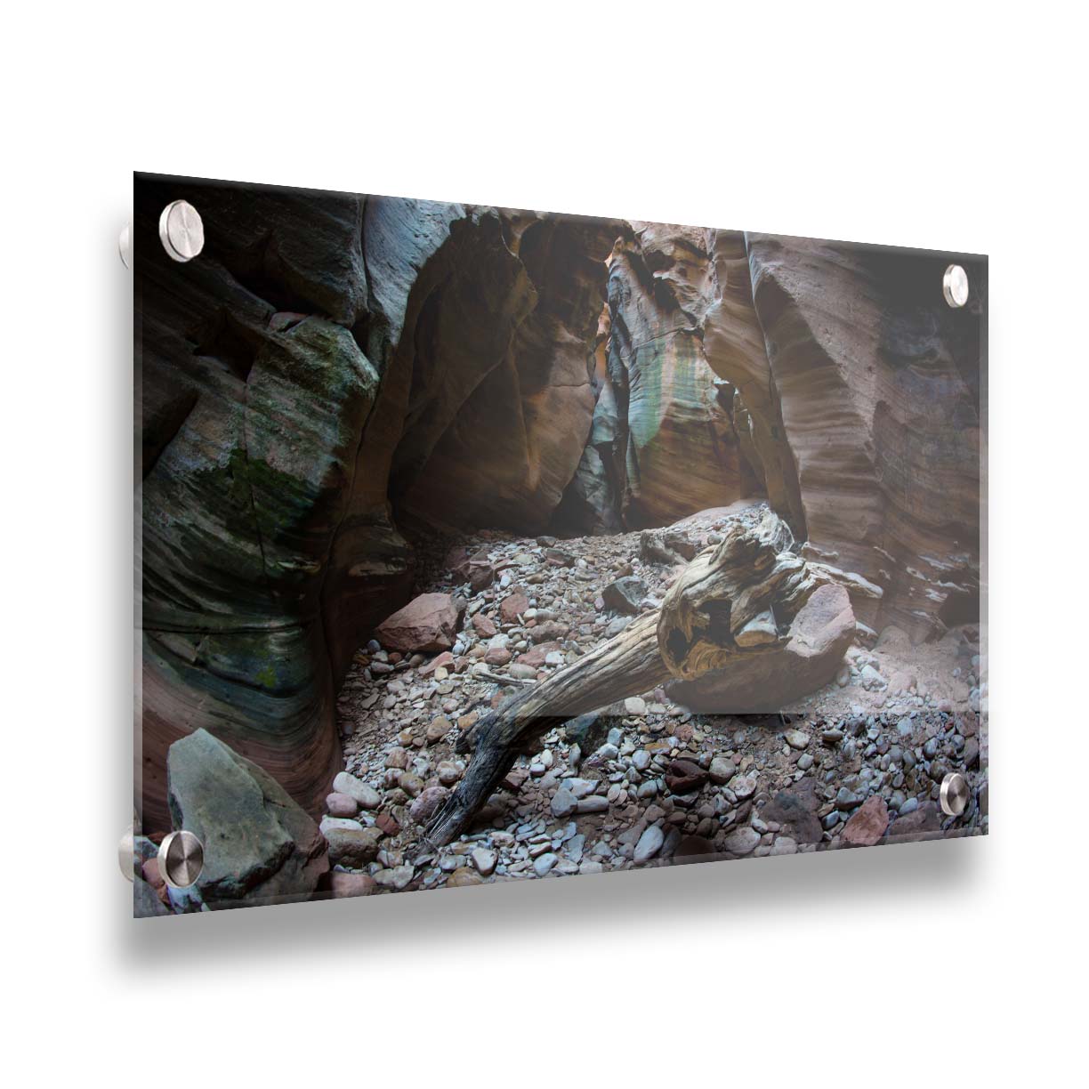 A photo from inside Pine Creek Canyon in Zion National Park, Utah. A piece of driftwood rests on a pile of eroded stones from the cliffaces. Printed on acrylic.