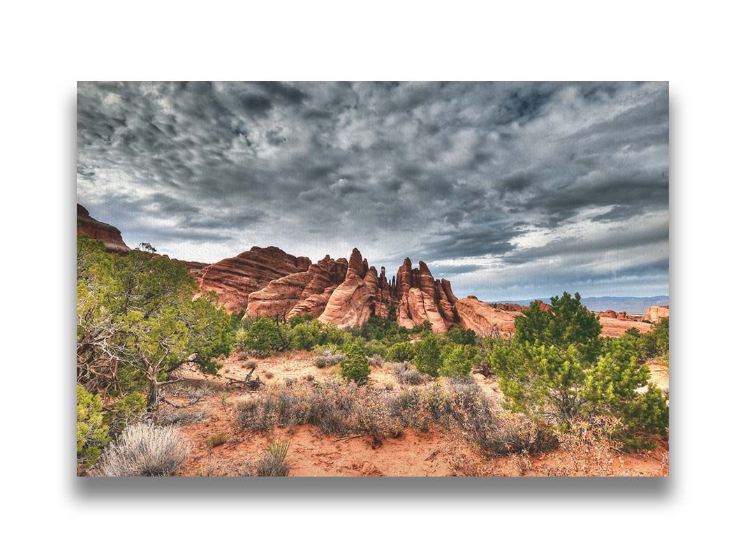 A photo of the Sandstone Fins rock formation in Arches National Park, Utah. The vertical slabs of orange sandstone stand out against the cloudy gray sky. Printed on canvas.