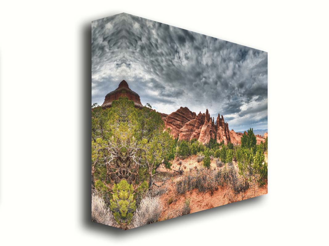 A photo of the Sandstone Fins rock formation in Arches National Park, Utah. The vertical slabs of orange sandstone stand out against the cloudy gray sky. Printed on canvas.