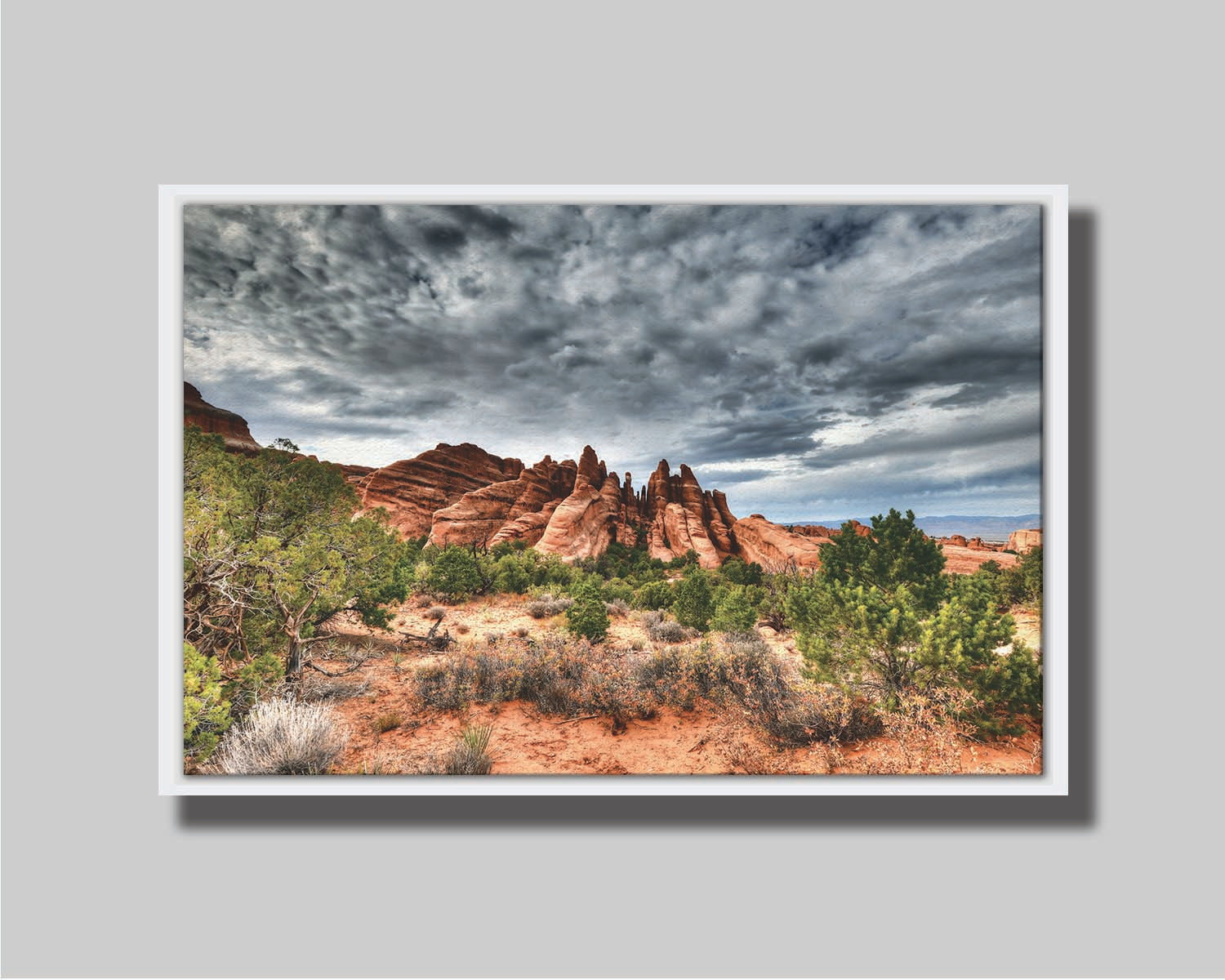 A photo of the Sandstone Fins rock formation in Arches National Park, Utah. The vertical slabs of orange sandstone stand out against the cloudy gray sky. Printed on canvas in a float frame.