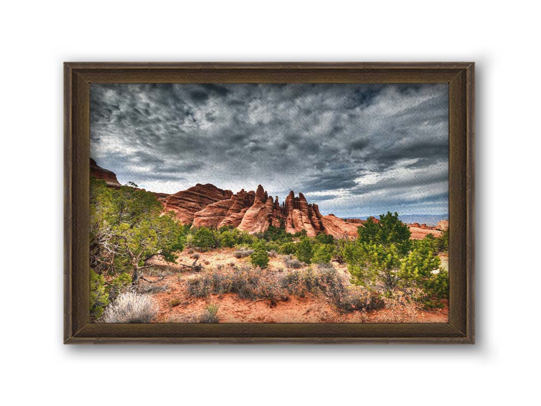 A photo of the Sandstone Fins rock formation in Arches National Park, Utah. The vertical slabs of orange sandstone stand out against the cloudy gray sky. Printed on canvas and framed.