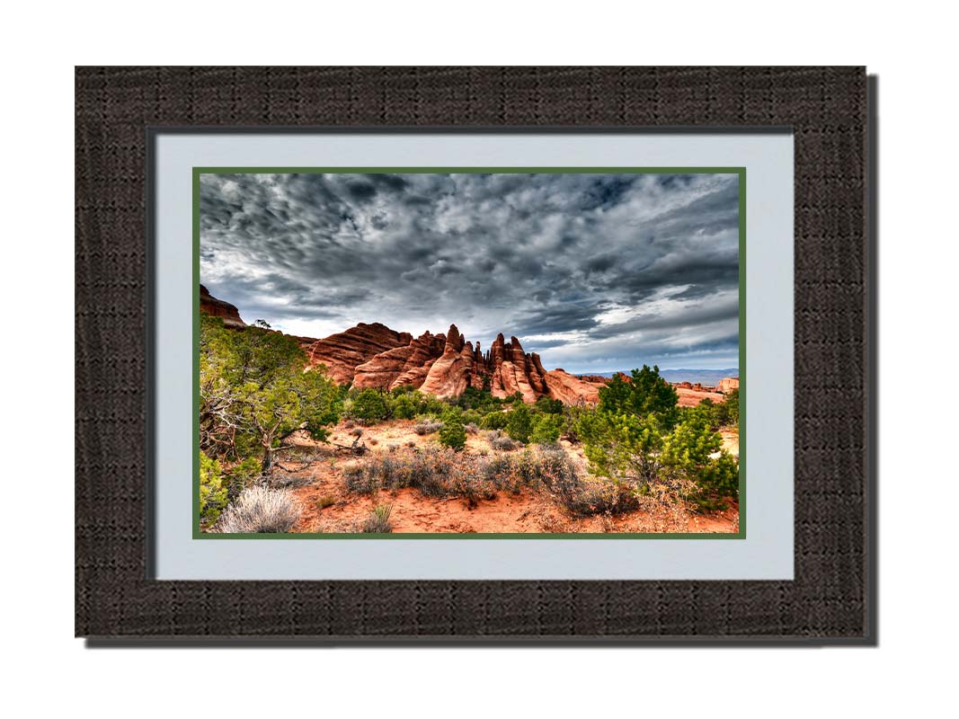 A photo of the Sandstone Fins rock formation in Arches National Park, Utah. The vertical slabs of orange sandstone stand out against the cloudy gray sky. Printed on paper, matted, and framed.