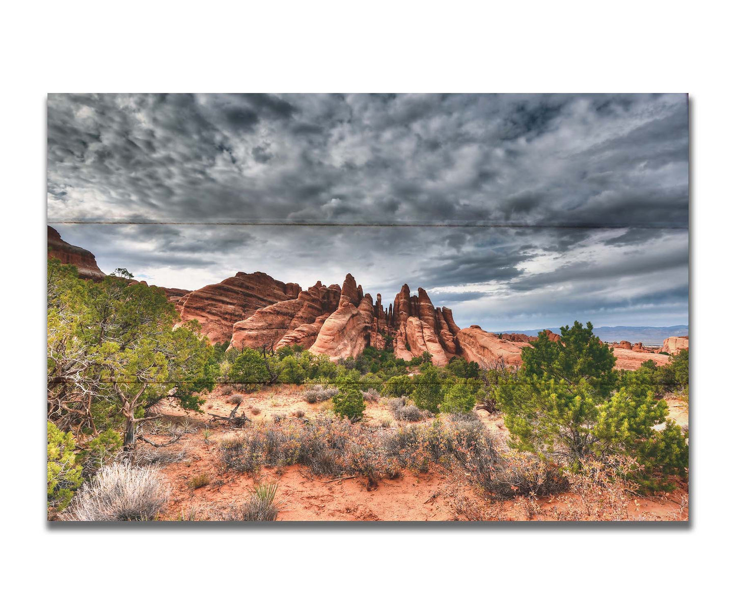 A photo of the Sandstone Fins rock formation in Arches National Park, Utah. The vertical slabs of orange sandstone stand out against the cloudy gray sky. Printed on a box board.