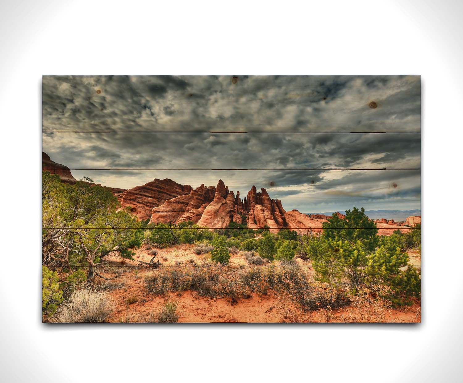 A photo of the Sandstone Fins rock formation in Arches National Park, Utah. The vertical slabs of orange sandstone stand out against the cloudy gray sky. Printed on a wood pallet.