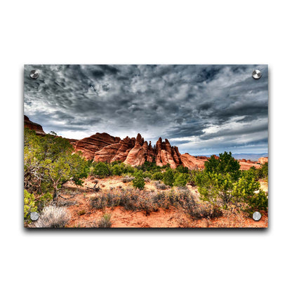 A photo of the Sandstone Fins rock formation in Arches National Park, Utah. The vertical slabs of orange sandstone stand out against the cloudy gray sky. Printed on acrylic.