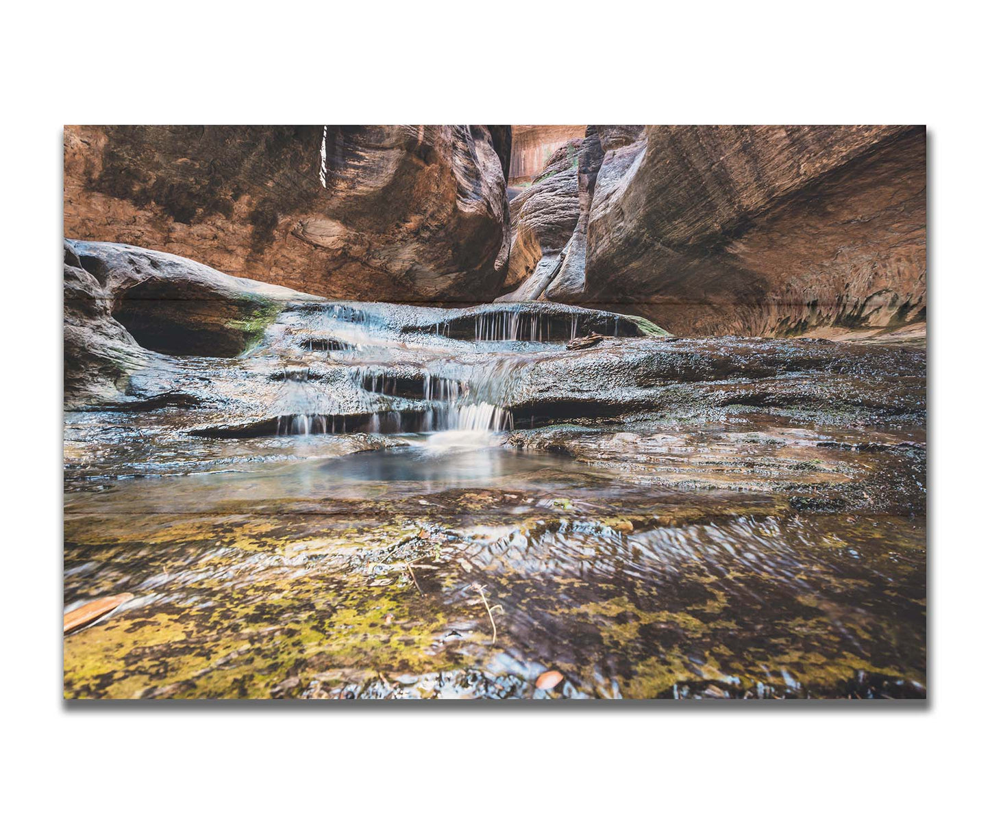 A photo of the Left Fork North Creek flowing through the Subway slot canyon in Utah's Zion National Park. It flows toward the camera, tumbling over slabs in the sandstone to create small waterfalls. Printed on a box board.