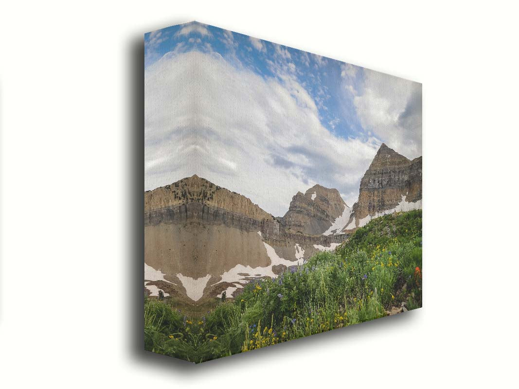 A photo of Mount Timpanogos in the summertime. There are a few banks of snow across the peaks, and a bright green field of wildflowers in full bloom in the foreground. Printed on canvas.